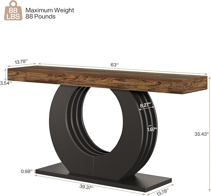 Tribesigns 63-Inch Console Sofa Table, Rustic Industrial Farmhouse Entryway Table, Narrow Long Couch Console Behind Sofa with Black Circle Base for Living Room Hallway, Rustic Brown