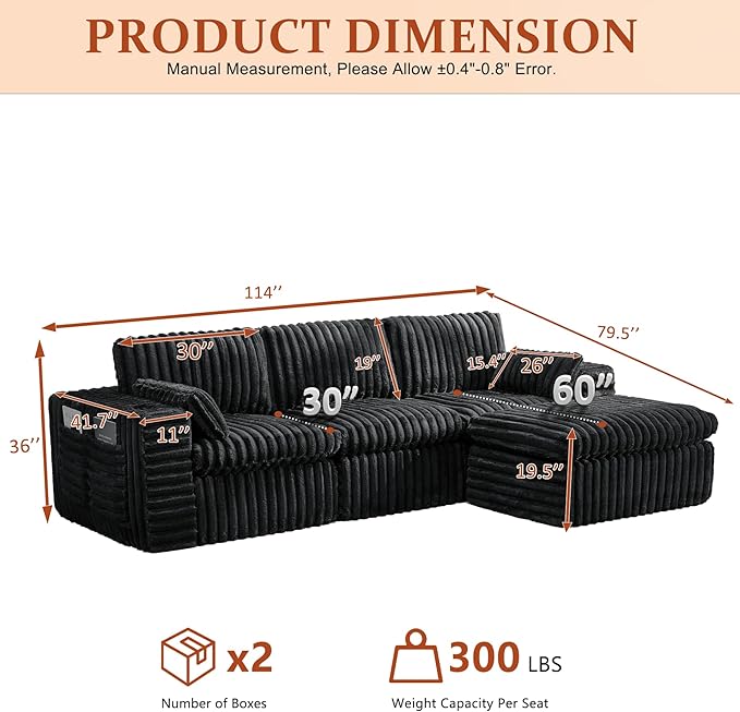 114" Cloud Boneless Sectional Couches for Living Room, Modular Sectional Sofa with Cup Holder, Cozy Fluffy L Shaped Deep Seat Couch with Storage Pocket, No Assembly Required, Dark Black