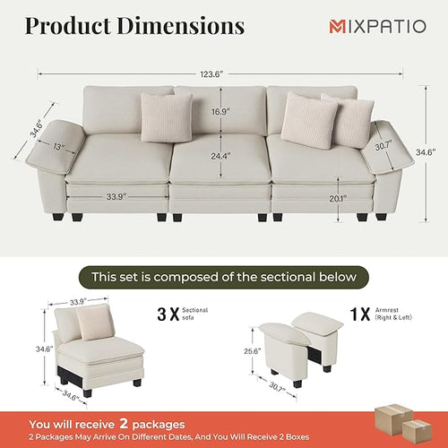 123" Cloud Modular Sectional Sofa, 3-Seater w/Deep Seat & Removable Arms, Plush Chenille for Living Room - Beige