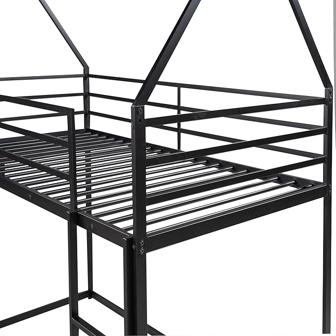 Bunk Bed with Slide for Kids,Bunk Bed Twin Over Twin, Metal Junior House Low Bunk Bed, Toddler Floor Bunk Beds Frame with Guardrail for Kids, Convertible Slide and Ladder Noise Free(New Black)