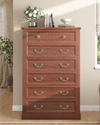 AOGLLATI Farmhouse Dresser with 6 Drawers, 51.2”Tall Wooden Rustic Chest of Drawers with Natural Texture, Vintage Design, Bedroom Dressers with Drawers for Bedroom, Oak Brown