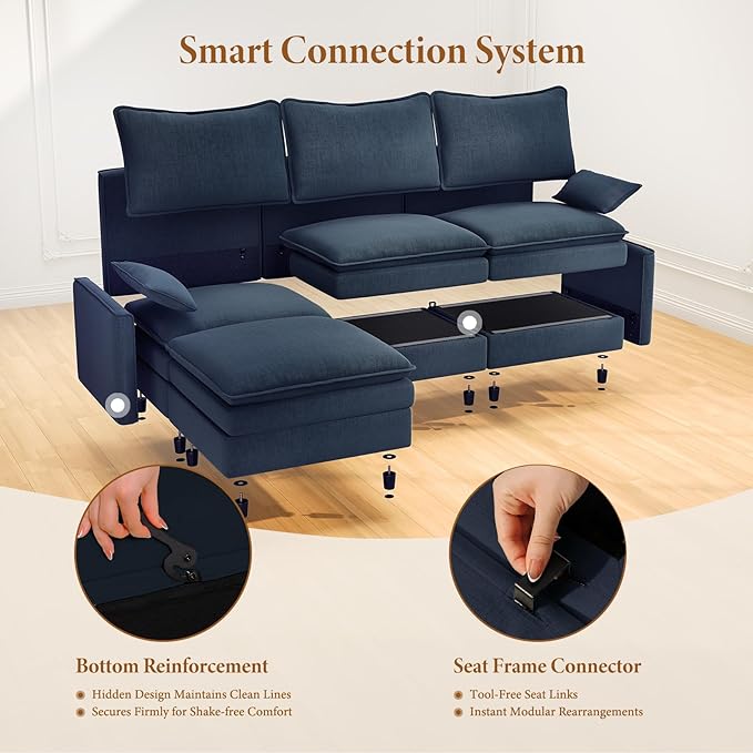 Vesgantti 108" V-Shaped Corner Couch Sectional, 7 Seat Customizable Modular Cloud Couches with Movable Ottoman, Chenille Deep Seat Sofa Set with Chaise for Living Room, Bedroom and Apartment, Blue
