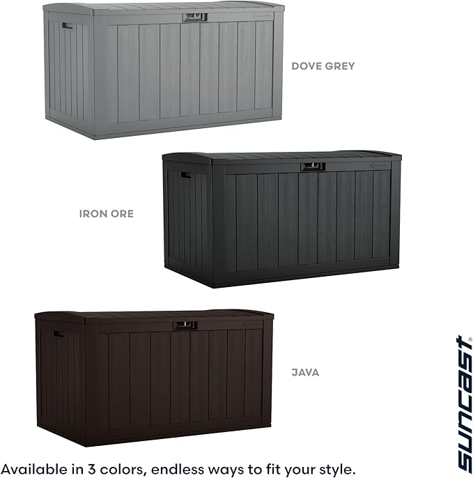 Suncast 134-Gal. Waterproof Resin Extra-Large Outdoor Patio Deck Box with Pad-Lockable Lid, Modern Outdoor Patio Bench/Storage Box for Cushions, Garden Tools, and More, Iron Ore
