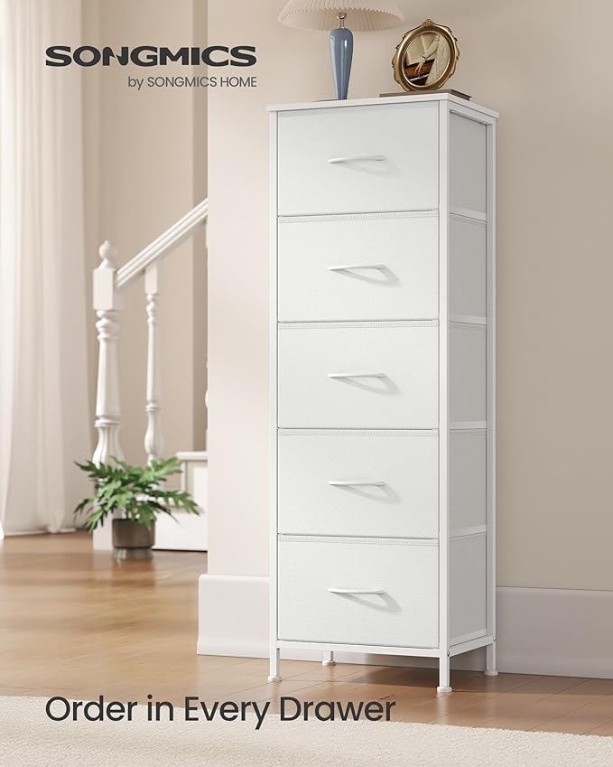 SONGMICS Dresser for Bedroom, Chest of Drawers, Steel, MDF, 5 Non-Woven Fabric Drawers, Storage Organizer Unit, Closet, Entryway, Cloud White and Snow White ULGS315W01S