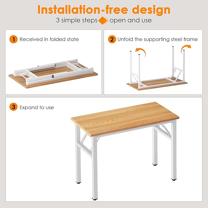 Need Folding Computer Desk - 39.4 Inch Foldable Office Writing Work Study Kids Student Teacher Home Bedroom Table for Small Space, Teak & White