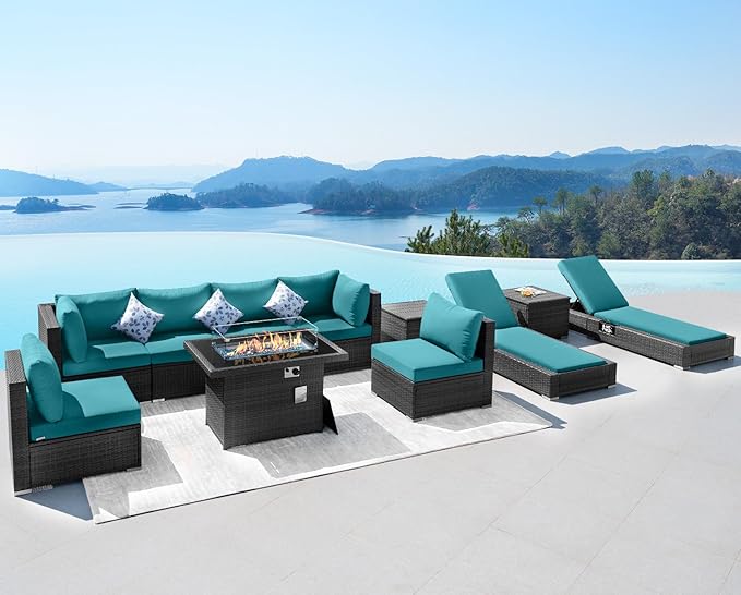 NICESOUL 11 Piece Outdoor Patio Furniture Set with Fire Pit Natural Gas/Propane, 29.3'' High Back Comfy Wicker Seactional w/Chaise Lounge, Large Deep Seat Backyard Seating, Turquoise & Grey