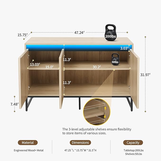 Fluted Sideboard Buffet Cabinet with Storage, 47" Wood Storage Cabinet with Doors and Adjustable Shelves LED Light, Modern Credenza for Kitchen, Dining Room, Living Room, Entryway, Oak