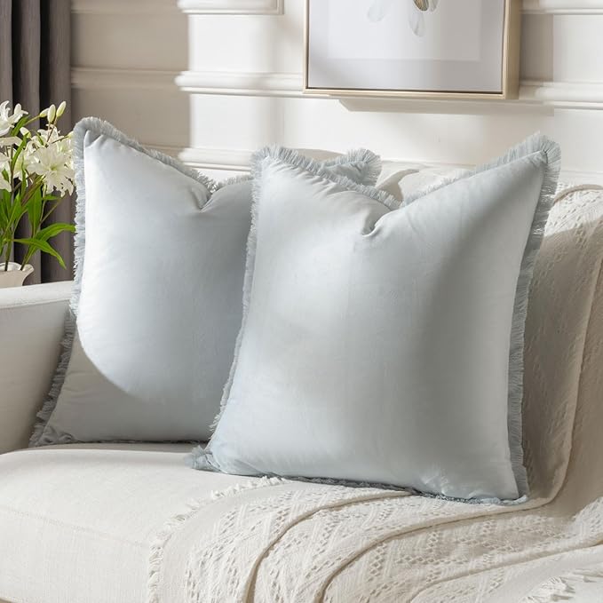 FUTEI Light Blue Velvet Decorative Throw Pillow Covers 26x26 Set of 2,Soft Cozy Edge with Tassels Euro Pillow Shams,Boho Modern Home Decor for Couch Bed Living Room