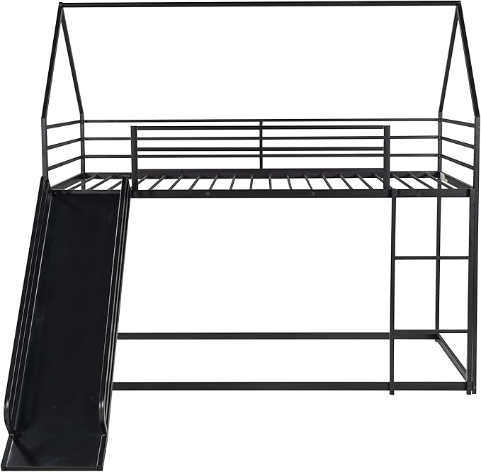 Bunk Bed with Slide for Kids,Bunk Bed Twin Over Twin, Metal Junior House Low Bunk Bed, Toddler Floor Bunk Beds Frame with Guardrail for Kids, Convertible Slide and Ladder Noise Free(New Black)