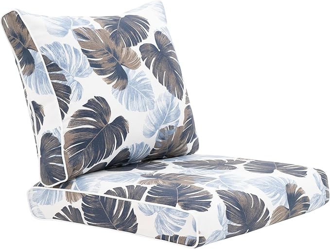 Outdoor Cushion Set for Patio Furniture Deep Seat Chair Cushions Weather Resistant Sofa Chair Pad, 24.4x23.6 Inch, Blue Leaves