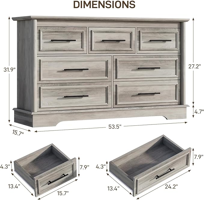 LGHM 7 Drawers Dresser for Bedroom, 54" Wide Chest of Drawers with Smooth Gliding Drawers, Gray Wood Dresser, Sturdy Storage Dressers Organizer with Metal Handles for Home Office, Farmhouse, Nursery