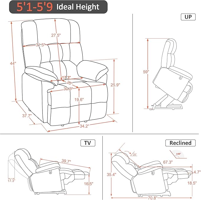MCombo Power Lift Recliner Chair Sofa with Massage and Heat, Adjustable Headrest, 3 Positions, USB Ports, for Elderly People, 7533 (Faux Leather, Dark Gray)