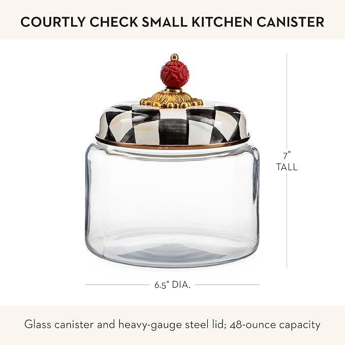 MACKENZIE-CHILDS Courtly Check Kitchen Canister, Decorative Black-and-White Glass Storage Jar with Lid, Small