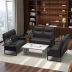 Modern Leather Loveseat, Small Sofa with Side Tray & Pocket, Upholstered Mini Couch for Living Room, Office, Guest Room, Black