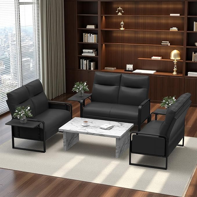 Modern Leather Loveseat, Small Sofa with Side Tray & Pocket, Upholstered Mini Couch for Living Room, Office, Guest Room, Black