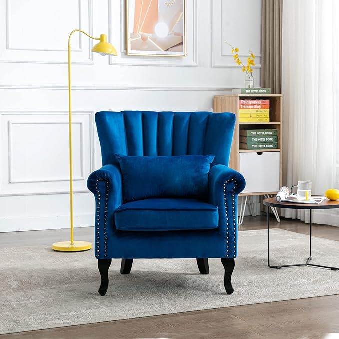 Accent Reading Arm Chairs Midcentury Modern Comfy Corner Sofa Chair, Wingback Waiting Room Club Chair with Tufted Back for Living Room/Bedroom/Reception Room, Velvet Blue