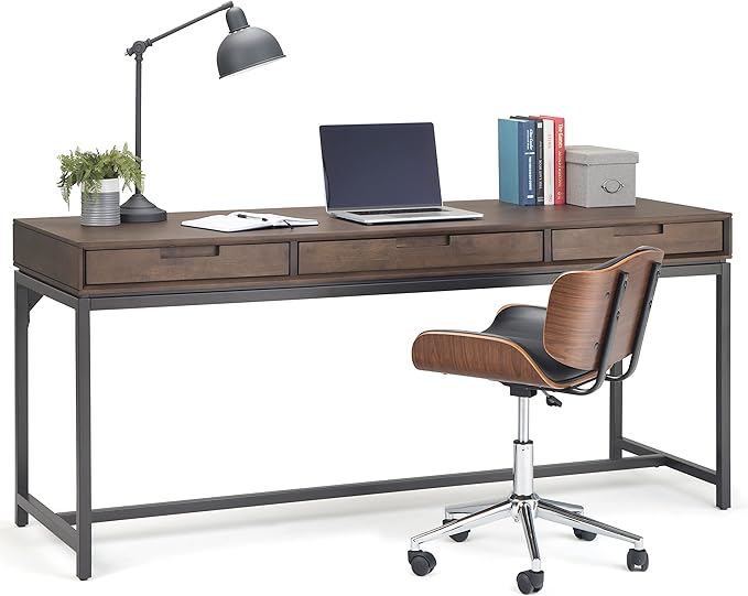 SIMPLIHOME Banting Desk - 72-Inch Wide Solid Hardwood and Metal Writing Desk in Walnut Brown, Modern Industrial Home Office Computer Table for Study with 2 Drawers and Flip-Down Keyboard Tray