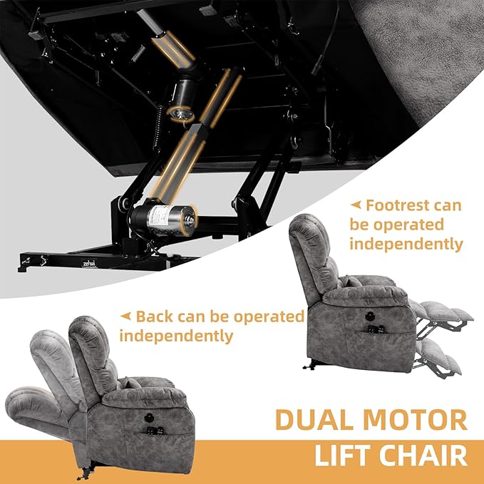 Tall Man Oversized Dual Motor Power Lift Recliner w/Heat Massage, Large Lay Flat Sleeper Electric Recliner with Extended Footrest for Elderly, Lumbar Pillow, USB & Type-C Ports, Plush-Gray