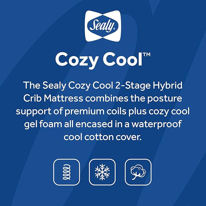 Sealy Baby Cozy Cool Hybrid Breathable Crib Mattress, GREENGUARD GOLD Certified, Made in USA, Cooling Foam, 2 Stage, Toddler Bed Fit, 204 Coils & Cotton Cover, Safety & Quality Tested, 52x28"