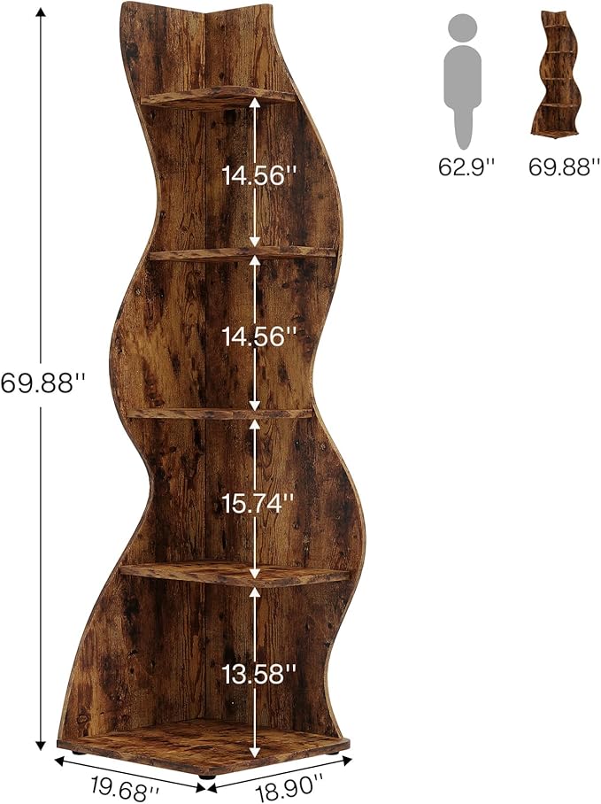 Tribesigns Corner Shelf, Rustic 5-Tier Wall Corner Bookshelf, Stylish Corner Small Bookcase Storage Rack Plant Stand with Unique Shape for Living Room, Home Office (1PC, Brown)