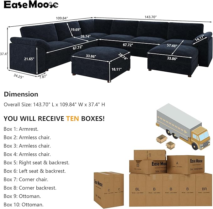 EASE MOOSE Oversized U Shape Sectional Couch Wide Deep seat Modular Cloud Sofa,FSC Certified Comfortable Chenille Blue Cloud Couch sectional Sofa