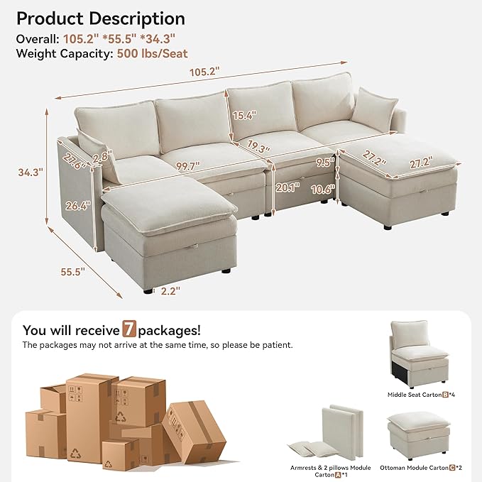 105" Cloud Modular 4 Seater Sofa with 2 Storage Ottoman, Modern Upholstered Sofa Storage Sofa Couch Deep Seat, U Shape Sectional Sofa Chenille Comfy Couch with Armrests for Living Room, Beige