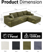 95 Inch Cloud Sectional Couch,Modular Sectional Sofa with Deep Seat,Modern Corduroy Boneless Couches with L-Shape Chaise for Living Room Bedroom,No Assembly Required (Green, Right Facing Chaise)