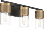 Possini Euro Design Berlin 23 1/2" High Modern Industrial 3 Light Bathroom Vanity Wall Lamp Light Fixture Mount Over The Sink Mirror Hardwired Cordless Black and Gold Glass Shade Indoor Entry-Way