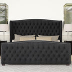 AMERLIFE King Size Platform Bed Frame, Velvet Upholstered Bed with Deep Button Tufted & Nailhead Trim Wingback Headboard/No Box Spring Needed/Black