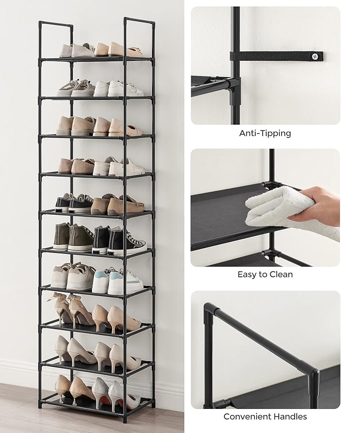 SONGMICS Shoe Rack, 10-Tier Shoe Shelf, Shoe Storage Organizer, 11 x 17.7 x 68 Inches, Metal Frame, Non-Woven Fabric Shelves, for Entryway, Bedroom, Black ULSH010B02