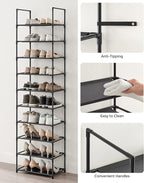 SONGMICS Shoe Rack, 10-Tier Shoe Shelf, Shoe Storage Organizer, 11 x 17.7 x 68 Inches, Metal Frame, Non-Woven Fabric Shelves, for Entryway, Bedroom, Black ULSH010B02