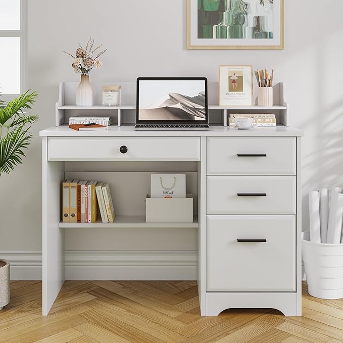 4 EVER WINNER White Desk with Drawers, Small Desk with File Drawer for Small Spaces, Writing Desk with Monitor Stand Wood Table for Study Home Office, White