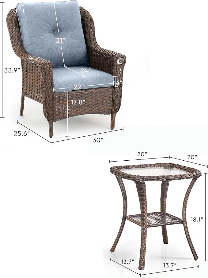 3 Piece Patio Brown Wicker Chairs with Side Table - Outdoor High Back Heavy Duty All-Weather Lawn Dining Rattan Chair Conversation Bistro Set for Deck Porch Balcony Backyard Garden - Baby Blue