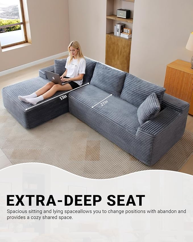 108 Inch Cloud Sectional Couch,Modern Modular Sectional Sofa with Deep Seat,Corduroy Boneless Couches with L-Shape Chaise for Living Room,No Assembly Required (Grey, Left Facing Chaise)