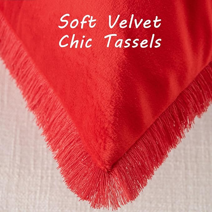 FUTEI Christmas Red Velvet Decorative Throw Pillow Covers 24x24 Set of 2,Soft Cozy Edge with Tassels European Cushion Case,Boho Modern Home Decor for Couch Bed Living Room