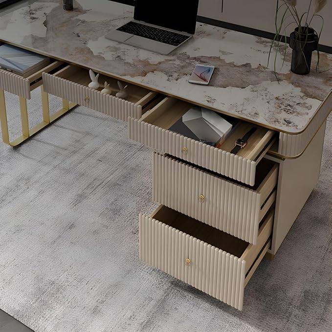 RUNNUP Stone top Computer Desk with 5 Drawers, Rectangular Home Computer Desk Writing Desk, Modern Executive Desk, Without Chairs, Black, 47.5" L x 23.5" W x 29.5" H