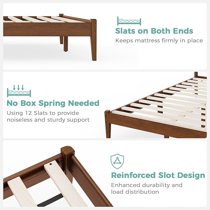 Queen Size Bed Frame with Farmhouse Headboard, Malaysian Oak Queen Bed Frame No Box Spring Needed, Platform Bedframe with 12 Slats Support, Easy Assembly, Antique Espresso