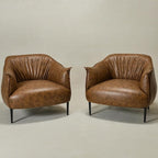 KINWELL 33" W Faux Leather Barrel Chairs Set of 2 with Hand-Tufted Pleated Back Flared Arms, Modern PU Upholstered Accent Chairs with Metal Legs, Large Armchairs Lounge Chairs for Living Room, Coffee