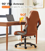 Office Desk Chair, Ergonomic Computer Chair with Padded Flip-Up Arms and Adjustable Lumbar Support, PU Leather Executive Chair with Tilt Lock and 360° Swivel Rolling Wheels for Work, Study