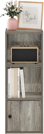 Furinno LUDER Book Shelf, 3-Tier Modern Bookshelf, Bookcase with 1 Door Storage Cabinet, 9.3 x 12 x 31.5, for Living Room, Bedroom, Home Office, French Oak