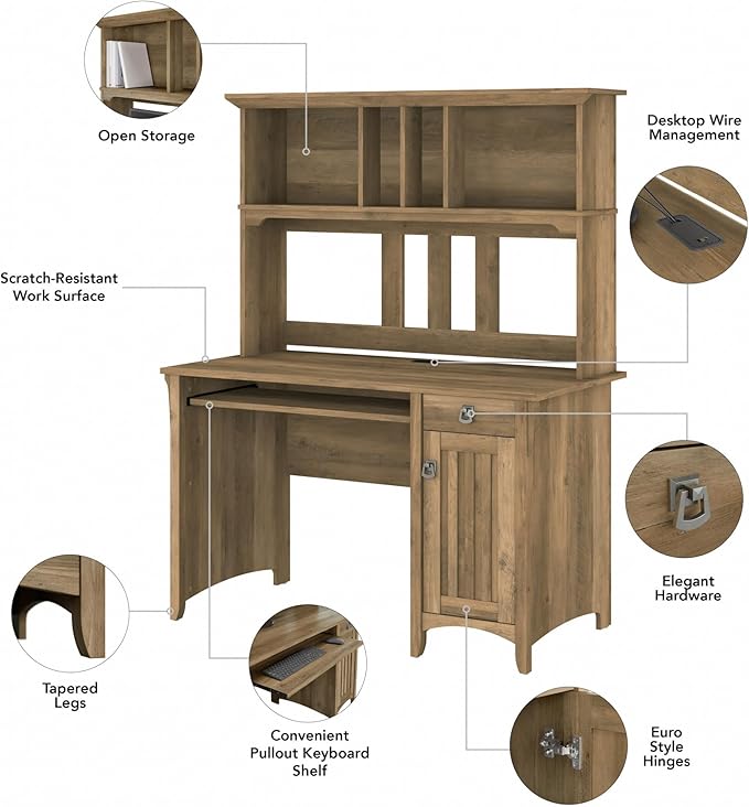 Bush Furniture Salinas Computer Desk with Hutch | Study Table with Drawers, Cabinets & Pullout Keyboard/Laptop Tray | Modern Home Office Desk in Reclaimed Pine | Work Desk with Storage