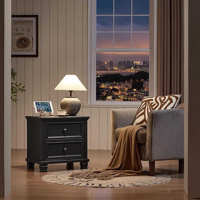 Farmhouse Nightstand Set of 2, Rustic Low Nightstands with 2 Drawers & Charging Station, Vintage Night Stands with 4 Square Solid Wood Legs, Small Dresser for Bedroom, Home, Black