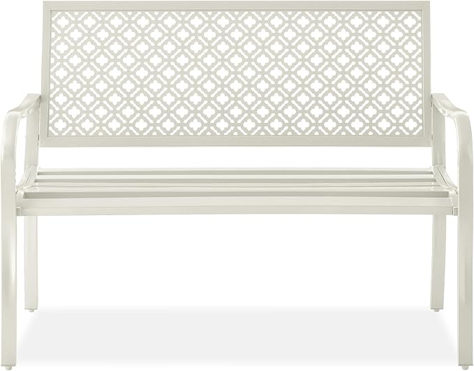 Best Choice Products Outdoor Bench 2-Person Metal Steel Benches Furniture for Garden, Patio, Porch, Entryway w/Geometric Backrest, 790lb Capacity - Ivory