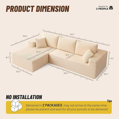 107" Boneless Couch with Deep Seat, Modular Sectional Sofa, Cloud Sectional Couch for Living Room, No Assembly Required, Corduroy, L-Shape Left，White