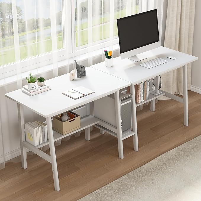 2-Person Writing Desk with Bookshelf - 79" Wooden Extra Long Home Office Work Table, Double Study Computer Workstation with Storage Shelves in White, 79" W x 24" D