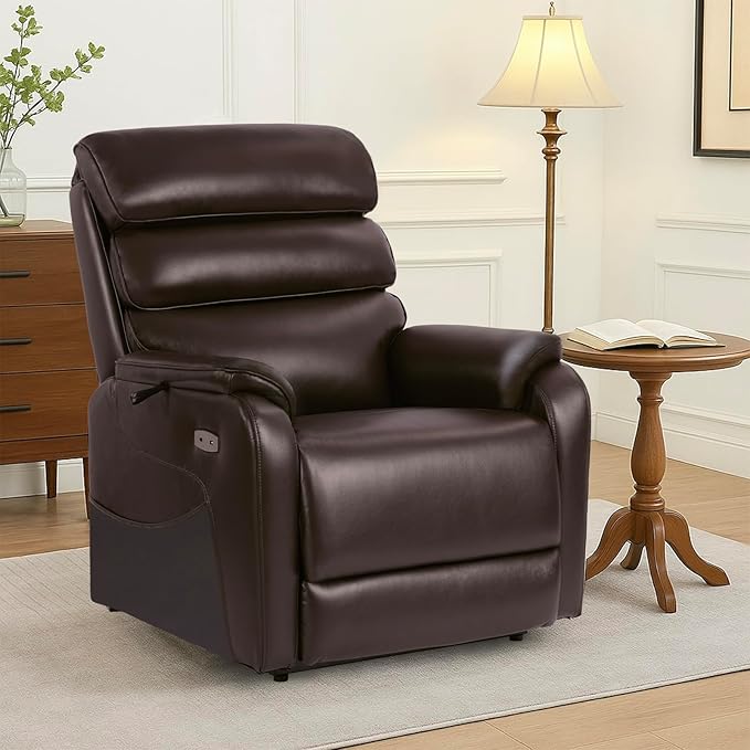 EONIX Wide Lay Flat Power Lift Recliner Chair for Elderly, Oversized Breathable Leather Electric Lift Chairs, 400lbs Heavy Duty Power Recliner with Heat and Massage, SLRY004063, Dark Brown