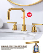 WOWOW Brushed Gold Bathroom Faucet Widespread Bathroom Sink Faucet 2 Handle Lavatory Tap 3 Holes with Drain and Supply Hoses Mordern Basin Taps