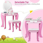 HONEY JOY Unicorn Kids Vanity, Toddler Makeup Table with Mirror and Stool, Wooden Pretend Play Vanity for Little Girls, Detachable Mirror and Storage Drawer, Kids Vanity Table and Chair Set (Pink)