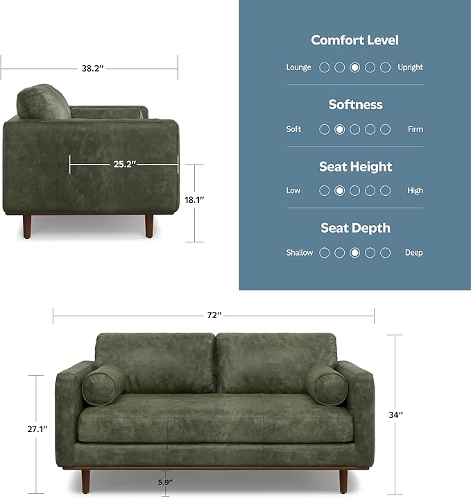 SIMPLIHOME Morrison 72-inch Wide Sofa in Moss Green Genuine Leather, Mid-Century Modern-Style Loveseat for Living Room, Single Bench Cushion, Removable Back Cushions, 2 Bolster Pillows