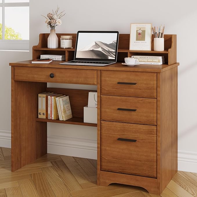 4 EVER WINNER Computer Desk with Drawers for Small Spaces, Wood Desk with File Cabinet & Monitor Stand, Office Desks Writing Study Table for Bedroom, Brown